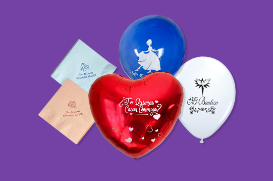 Napkins, a Heart Foil Balloon and 2 latex balloons all Personalized with custom printing