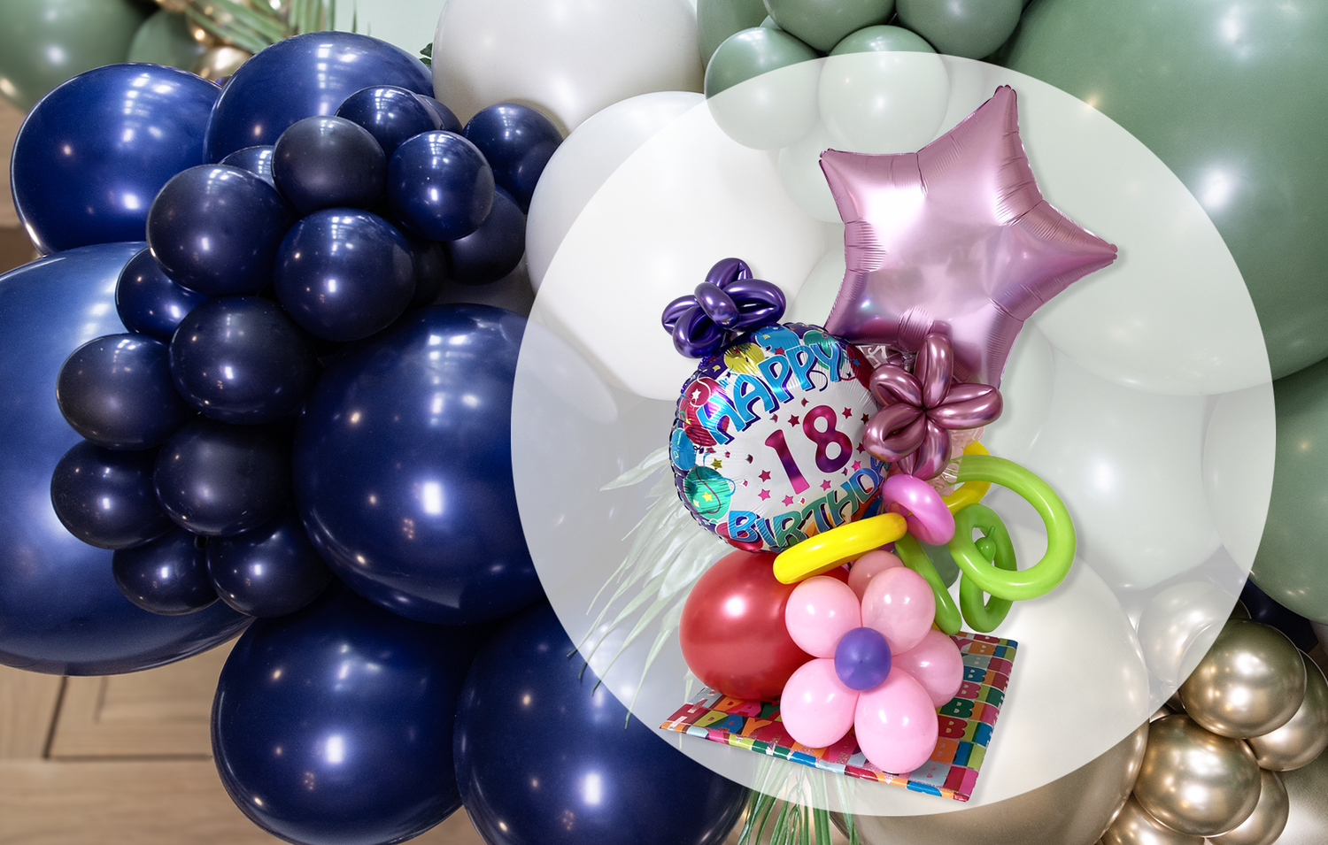 Custom Balloon Delivery featuring Happy 18th Birthday, a Star and Flowers against a balloon garland background