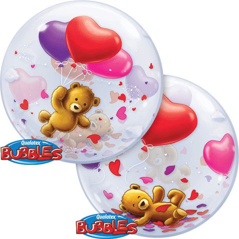 Clear bubble Teddy Bear with floating hearts balloon